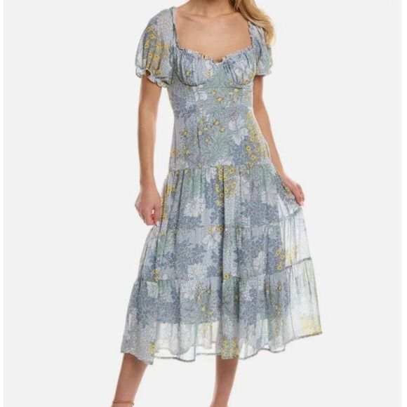ASTR Soho Blue Floral Sweetheart Puff Sleeve Midi Dress Feminine Size Medium - Picture 1 of 15